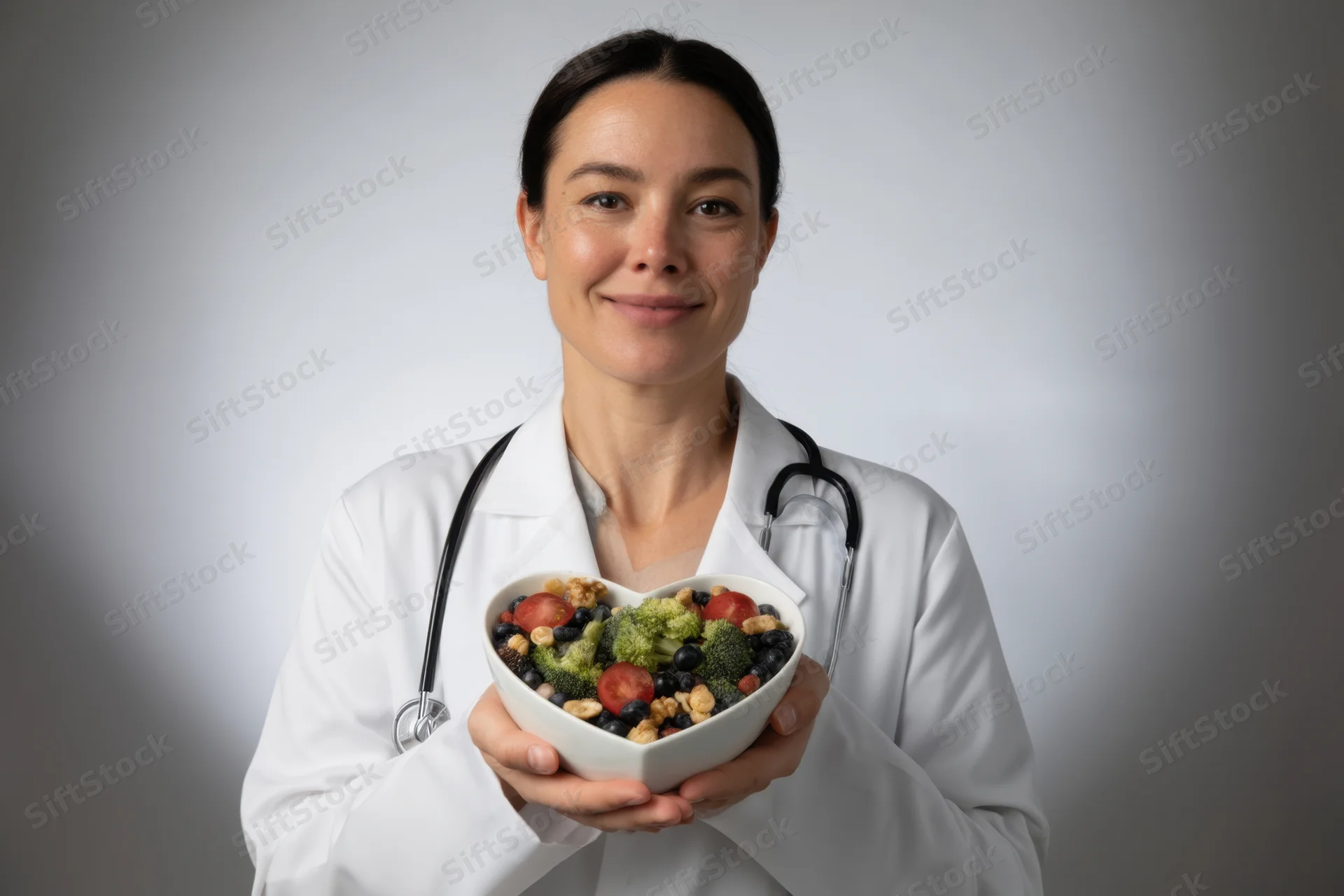 Woman in white lab coat holding heart-shaped bowl of salad with stethoscope around neck
