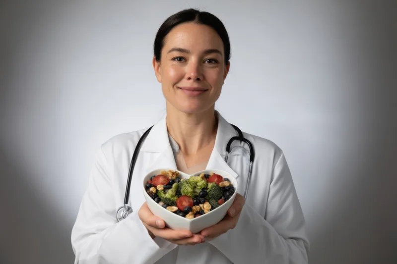 Woman in white lab coat holding heart-shaped bowl of salad with stethoscope around neck