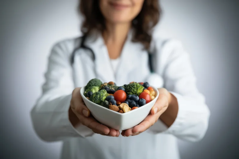 Woman in lab coat holding bowl of vegetables and berries shaped like a heart
