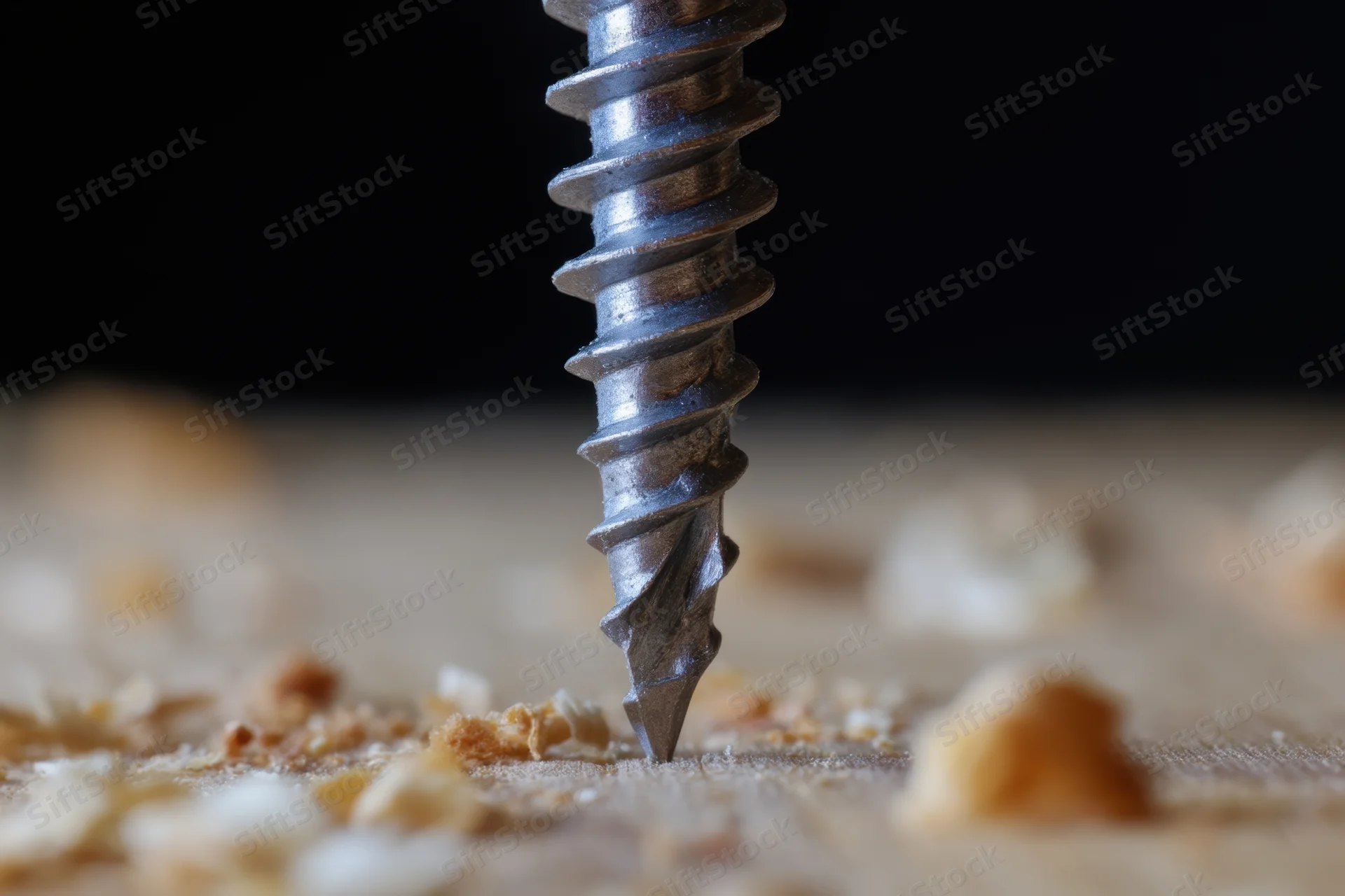 Metal screw being driven into wooden surface with wood shavings around it