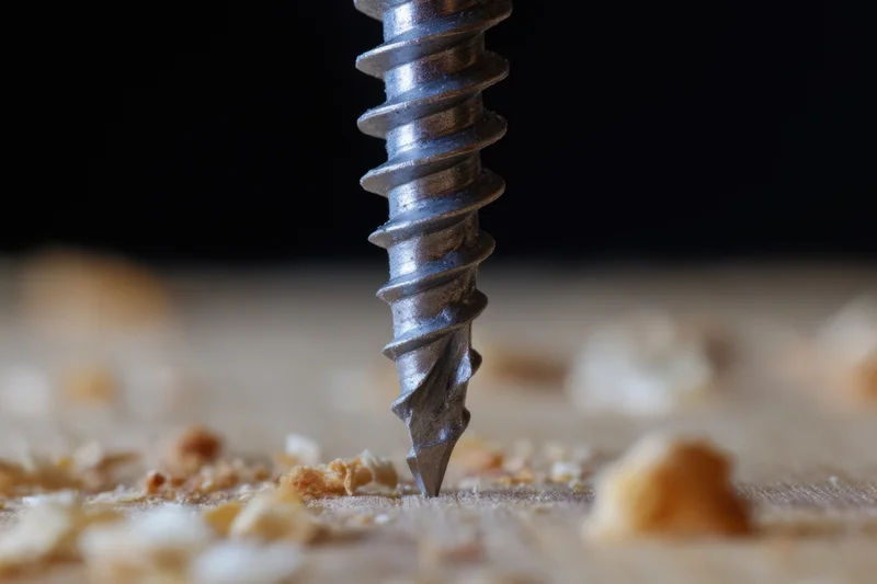 Metal screw being driven into wooden surface with wood shavings around it