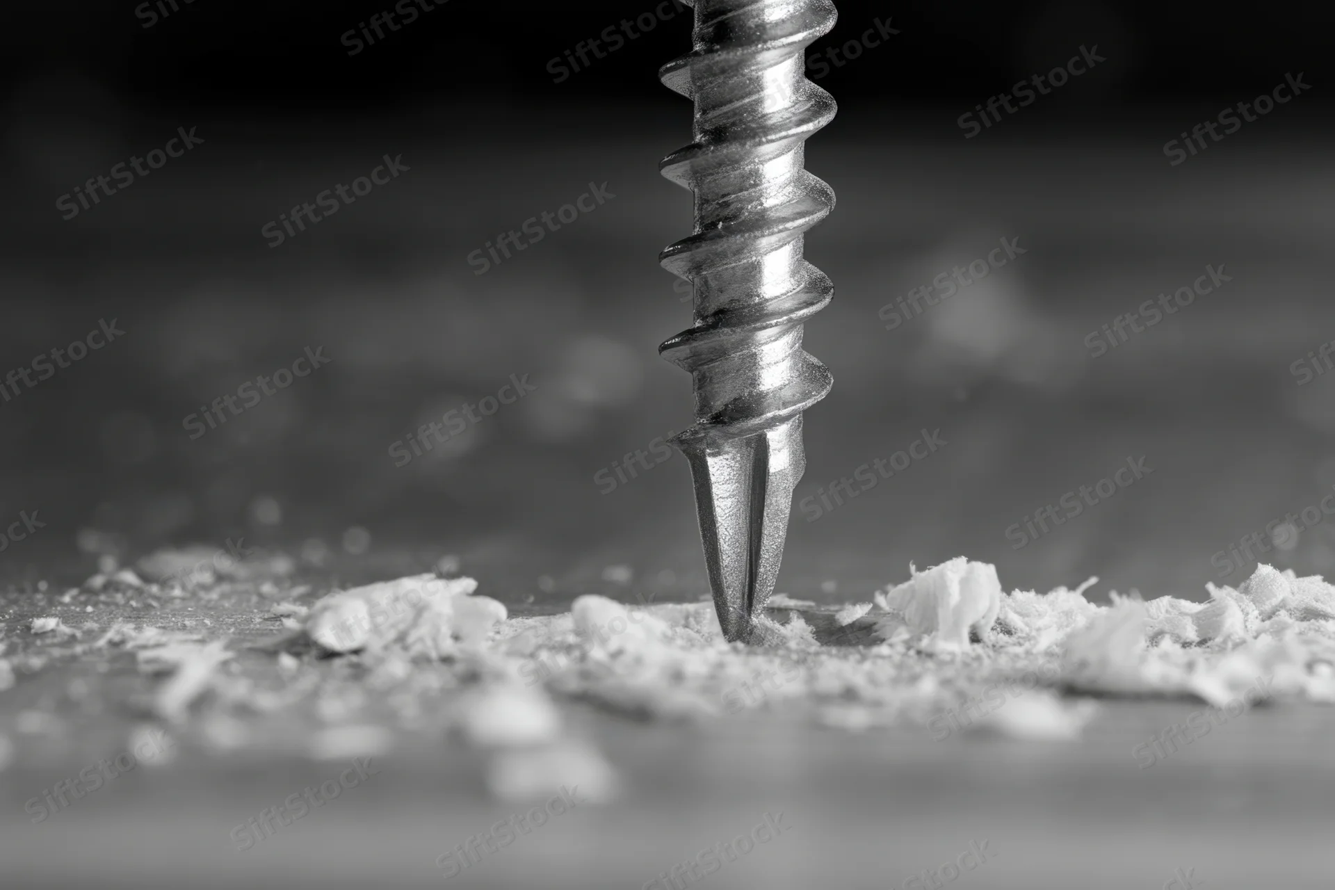 Metal screw being driven into wooden surface with wood shavings around it