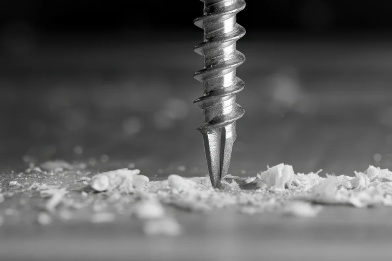Metal screw being driven into wooden surface with wood shavings around it