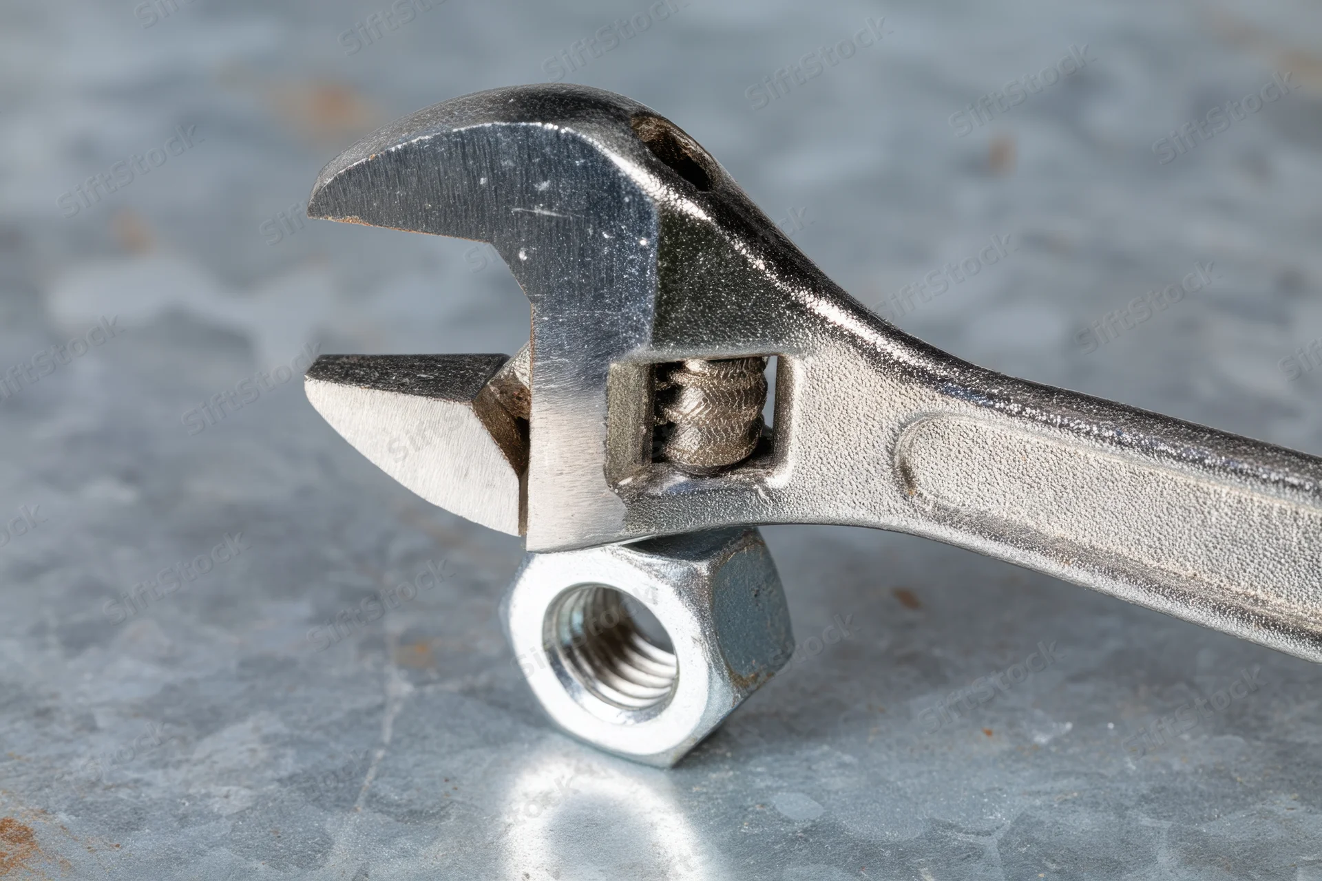 Adjustable wrench gripping a hex nut on a textured metal surface
