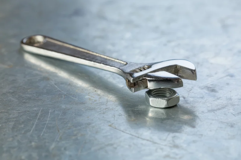 Adjustable wrench resting on a silver hex nut on a scratched metal surface