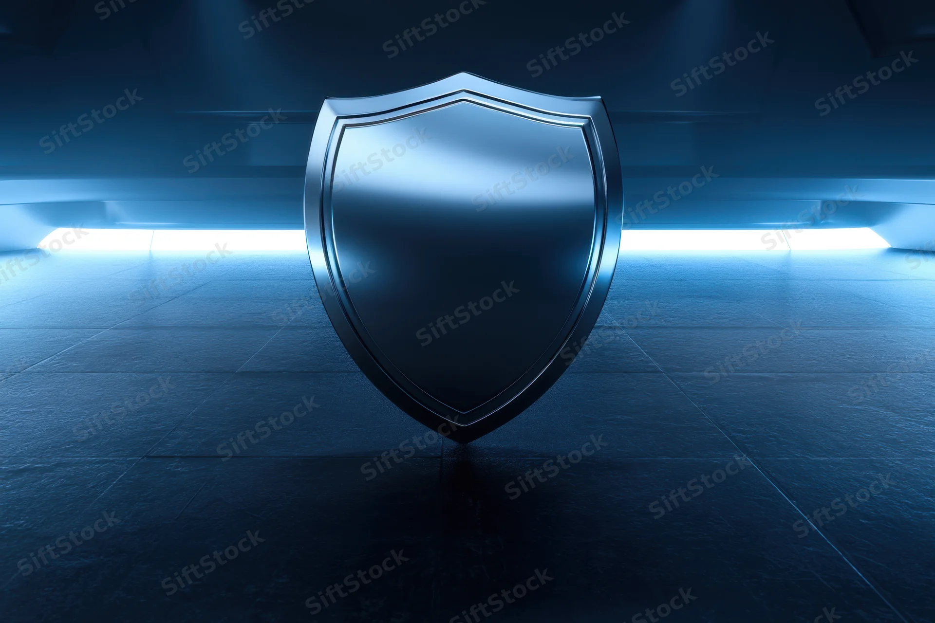 Metallic shield with polished reflective surface standing in a dark futuristic interior with blue ambient lighting