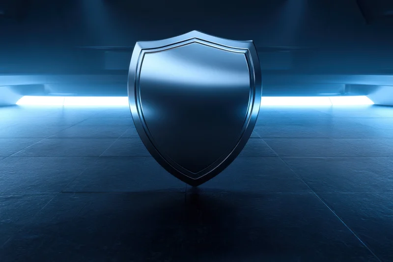 Metallic shield with polished reflective surface standing in a dark futuristic interior with blue ambient lighting