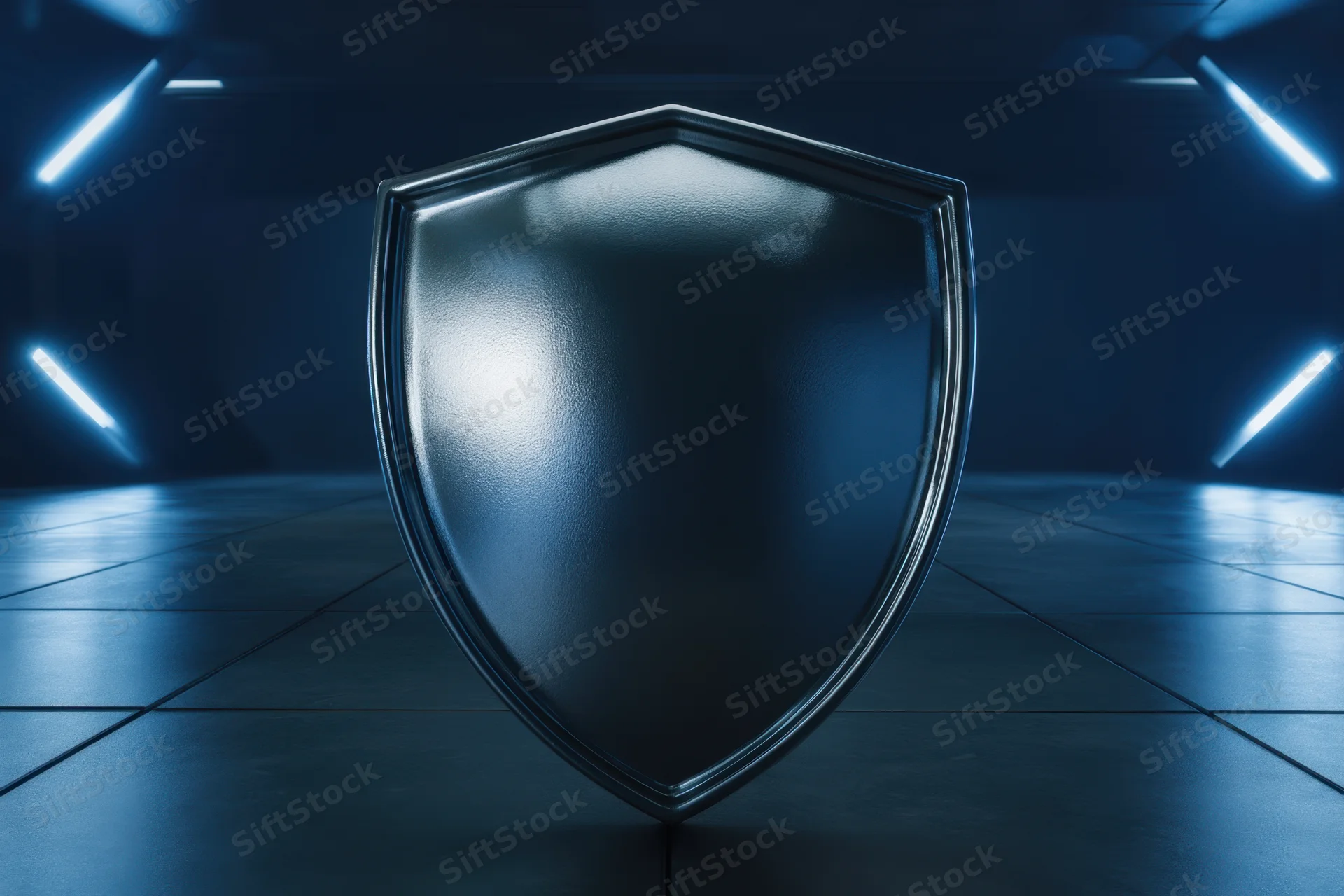 Metallic shield with polished reflective surface standing in a dark futuristic room illuminated by blue neon lights