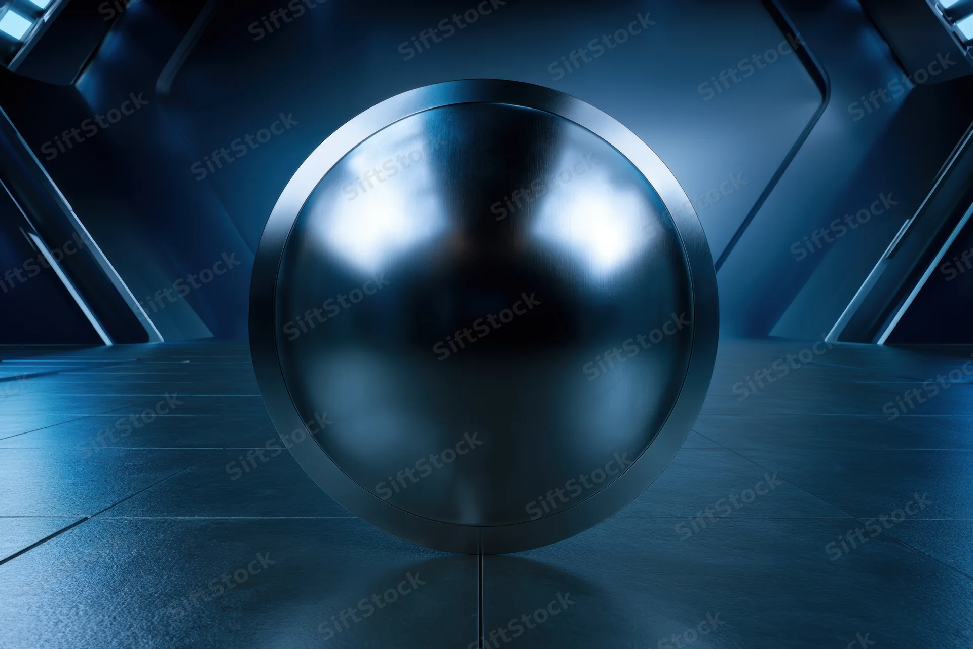 Metallic shield with polished reflective surface in futuristic corridor