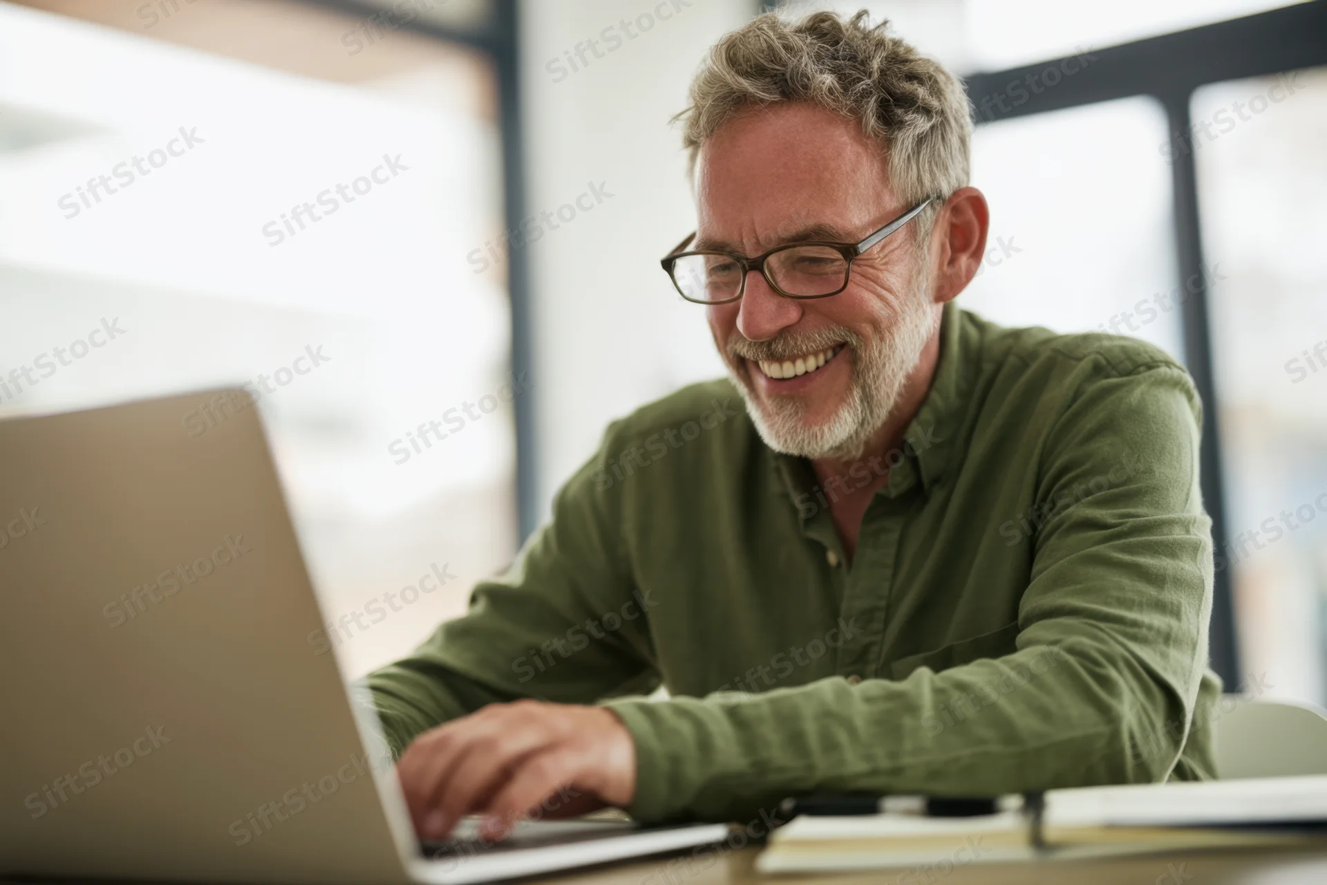 Middle-aged man smiling while typing on laptop at office desk