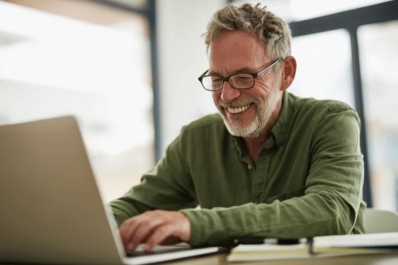 Middle-aged man smiling while typing on laptop at office desk