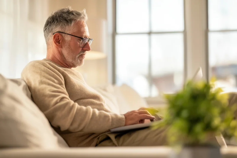 Middle-aged man sitting on light-colored couch using laptop indoors during daytime