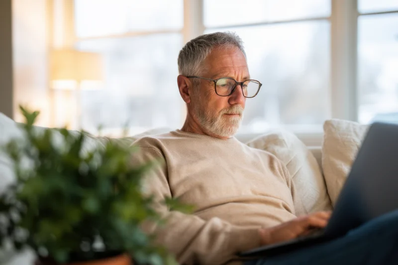 Senior man using laptop while sitting on light-colored couch in living room