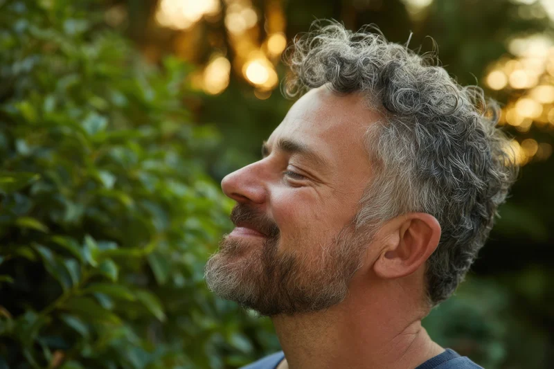 Middle-aged man with curly gray hair and beard smiling in profile outdoors among green foliage at golden hour