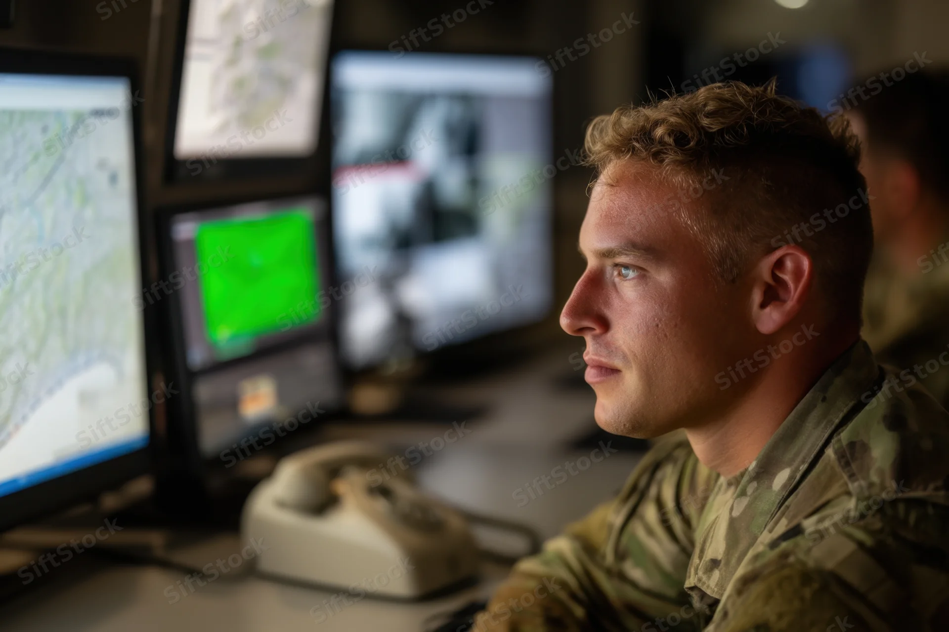 Soldier in military operations room concentrating on computer monitors displaying maps and radar data