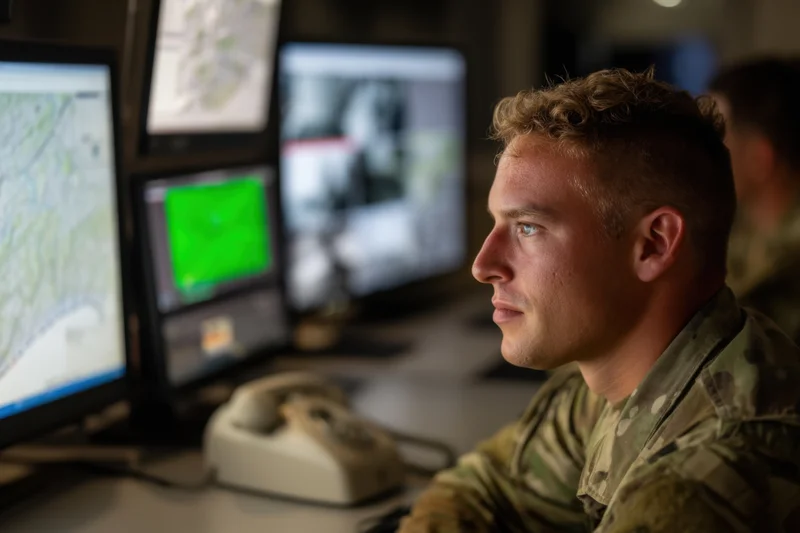 Soldier in military operations room concentrating on computer monitors displaying maps and radar data