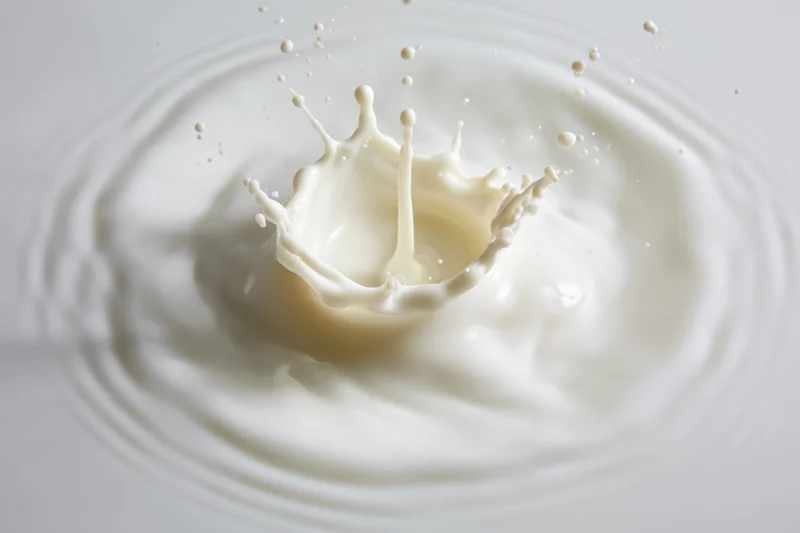 Milk splash forming a crown shape with droplets flying outward on a white surface