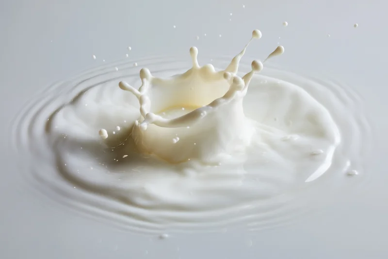 Milk splash forming a crown with droplets flying in mid-air on a white surface
