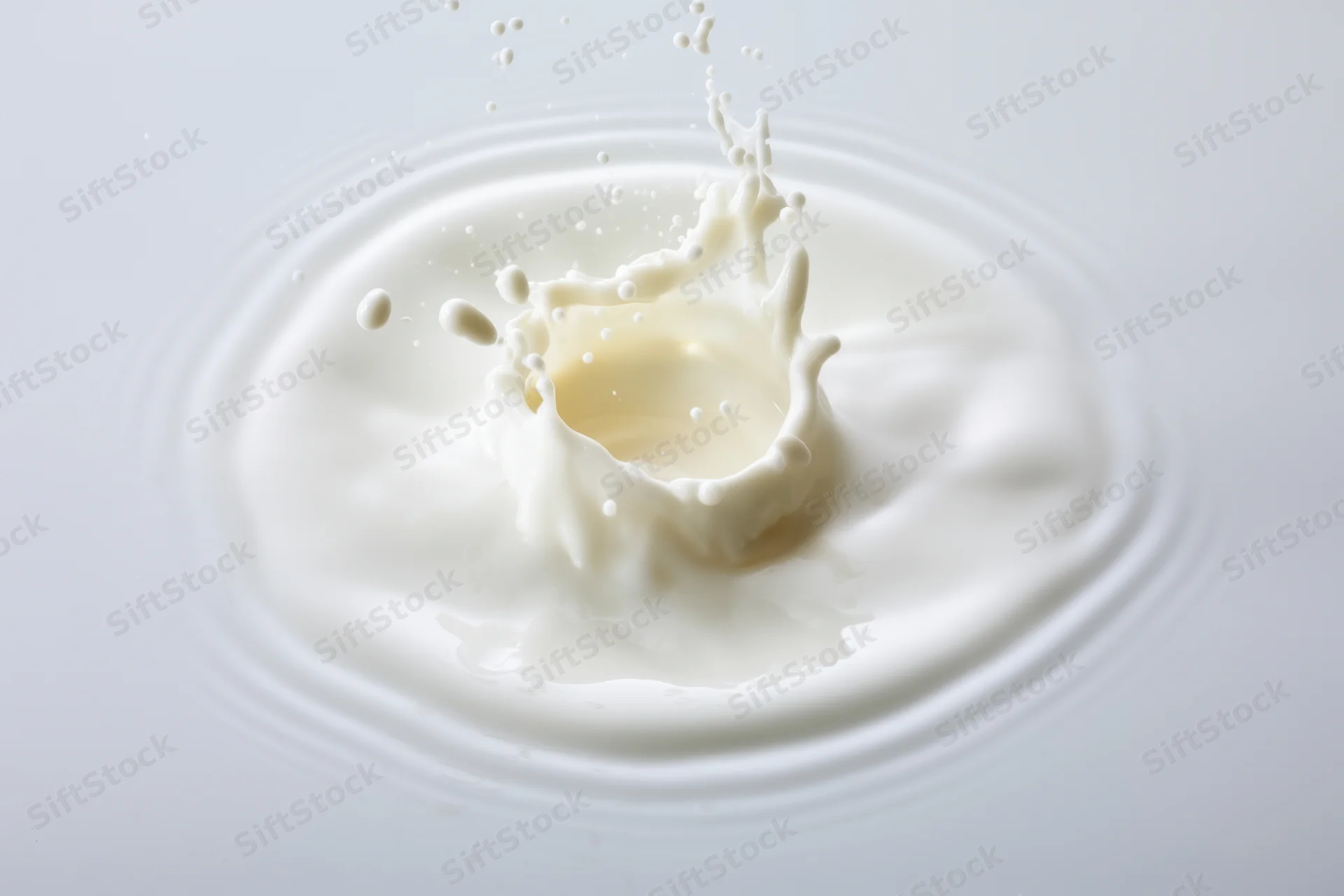 Milk splash captured mid-air with droplets flying outward in a circular ripple on a white surface