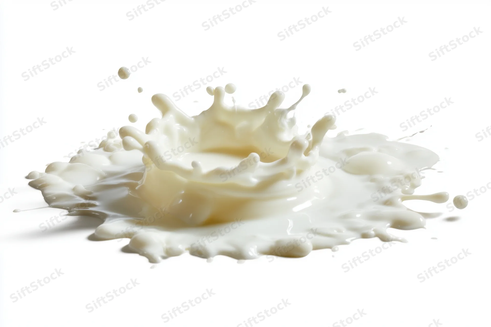 Milk splash forming a crown of droplets on a white surface