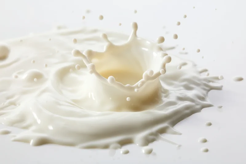 Milk splash forming a crown-shaped droplet crown on a white surface