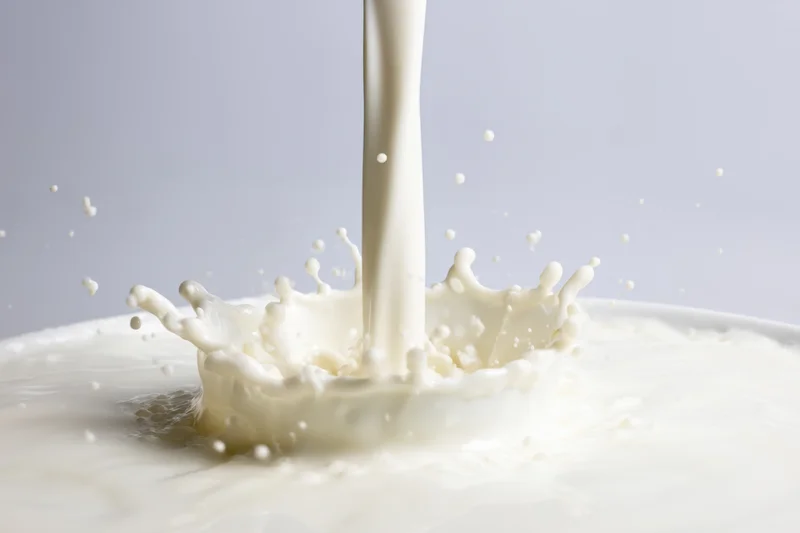 Smooth stream of milk cascading into a pool creating a splash crown