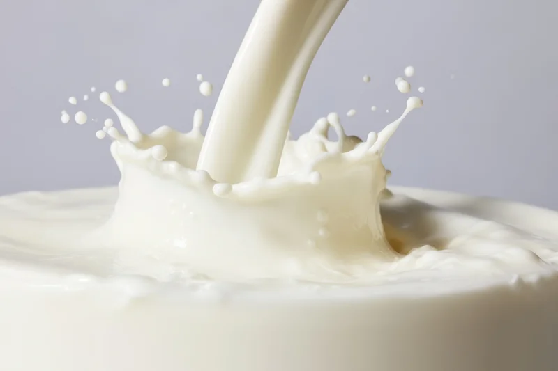 Smooth stream of milk cascading into a pool creating a splash crown