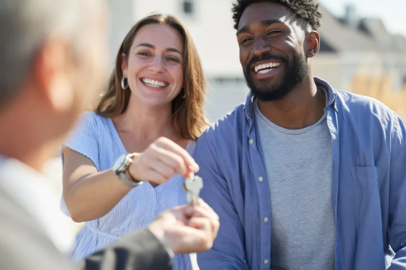 Young couple receiving house keys from realtor in suburban neighborhood