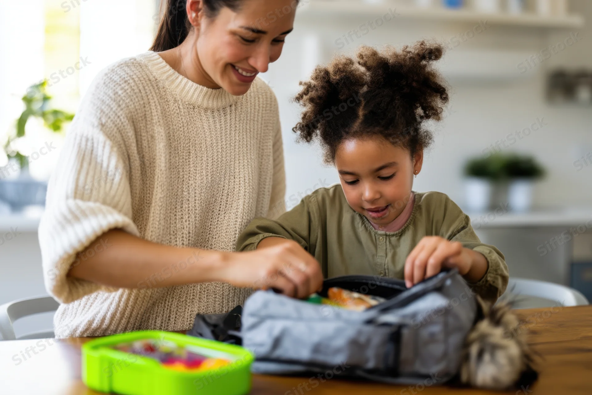 Mother and daughter packing a school lunch together in a kitchen