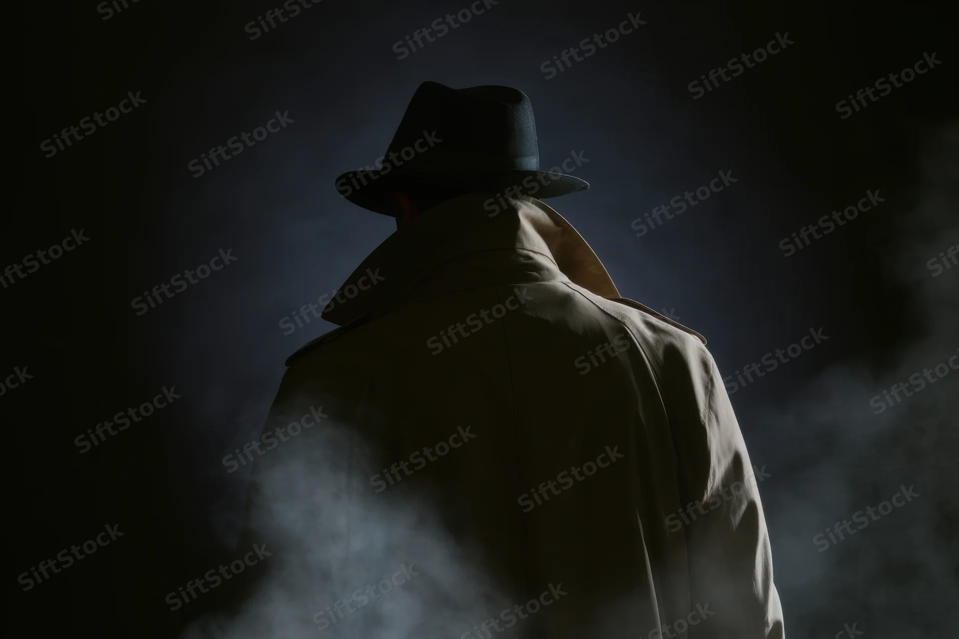 Man in trench coat and fedora seen from behind in dark smoky setting