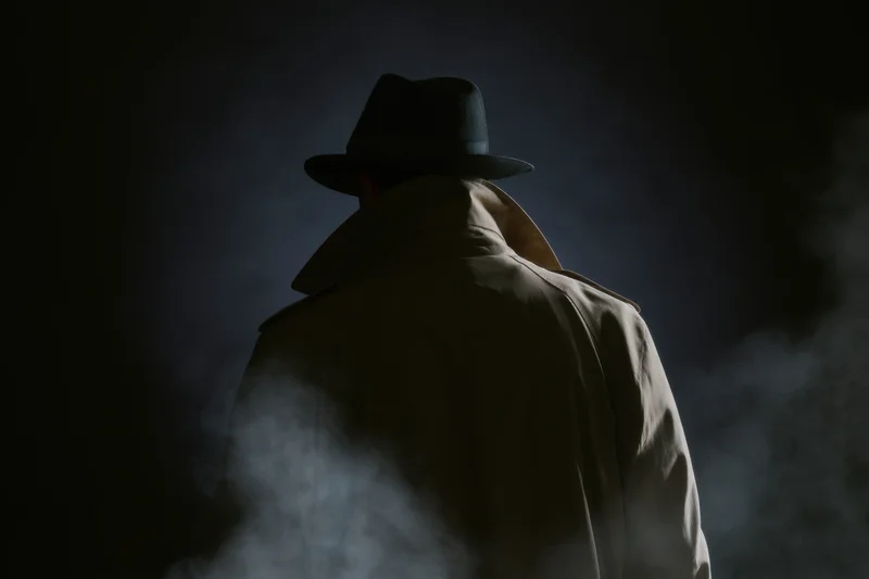 Man in trench coat and fedora seen from behind in dark smoky setting