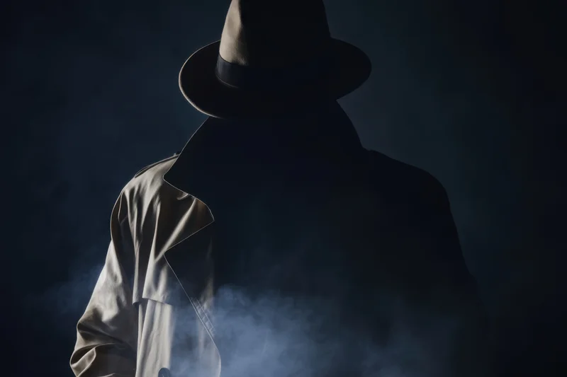 Mysterious figure in trench coat and fedora shrouded in smoke and shadow