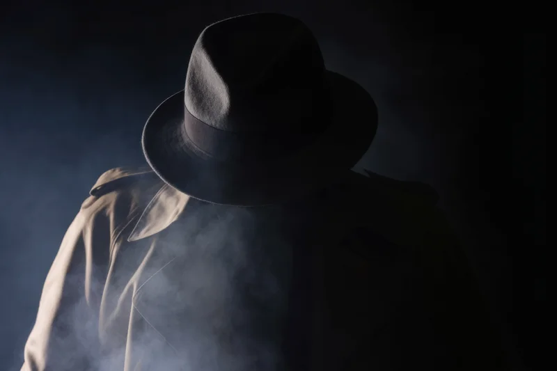Mysterious figure in trench coat and fedora shrouded in smoke at night