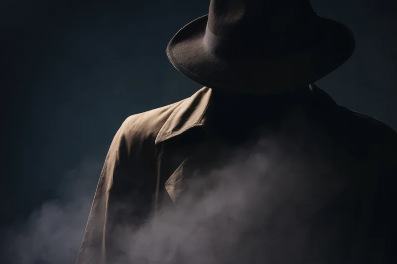Mysterious figure in trench coat and fedora shrouded in smoke at night