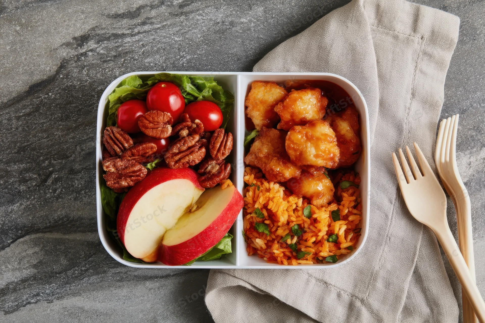 Two-compartment lunchbox with salad and rice with chicken, arranged on gray stone surface with bamboo fork and cloth napkin