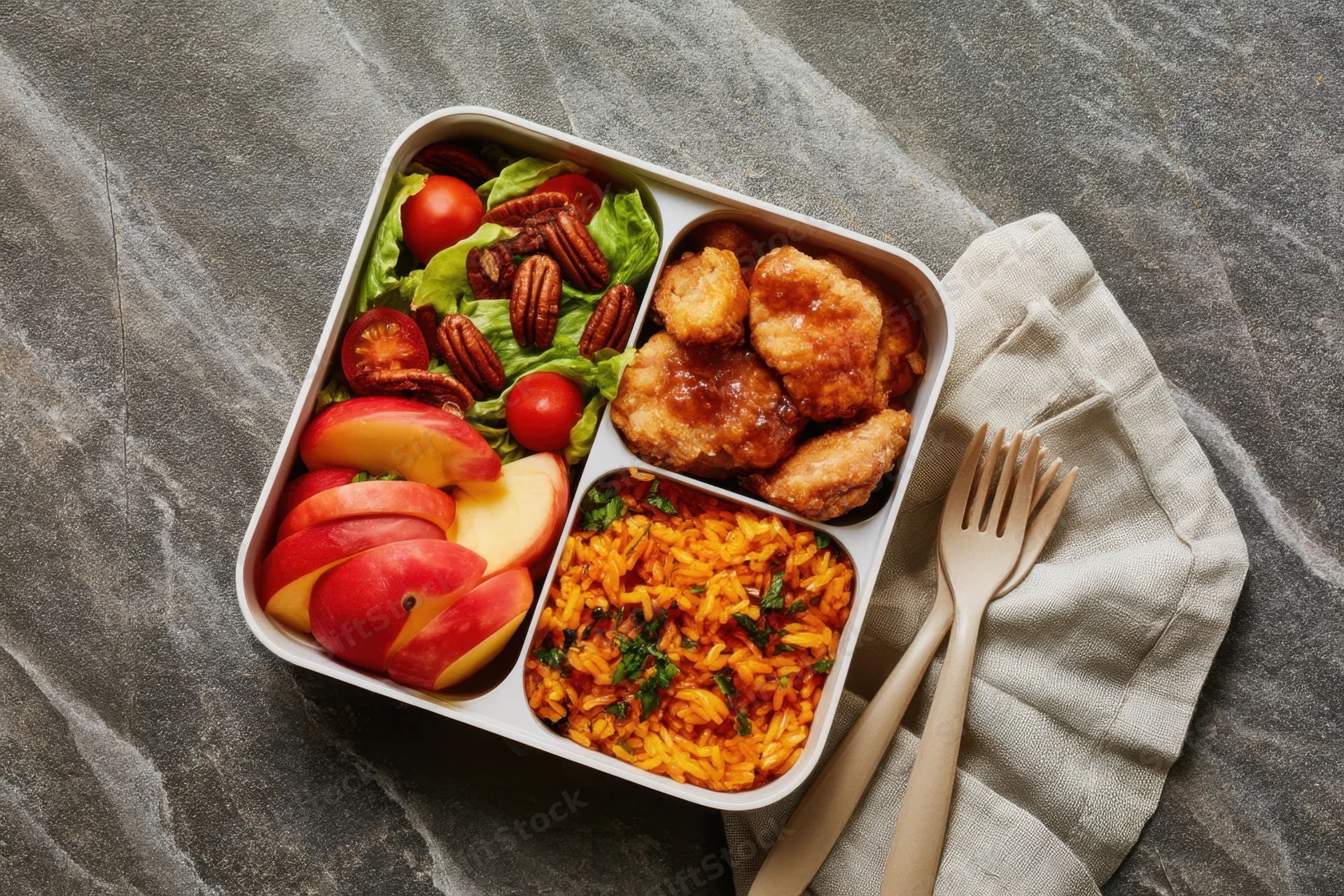 Compartmentalized lunchbox with apple slices, salad, rice, and chicken on stone surface