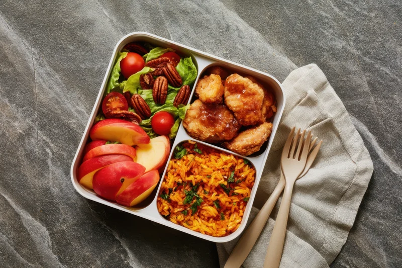 Compartmentalized lunchbox with apple slices, salad, rice, and chicken on stone surface