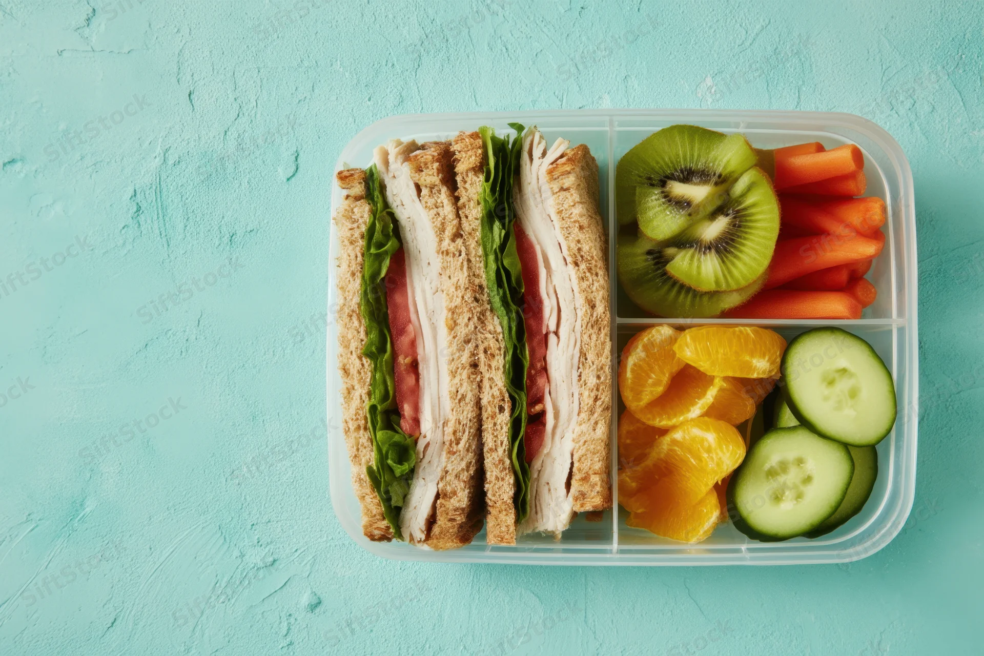 A compartmentalized lunchbox with a turkey sandwich and fresh fruit and vegetables on a teal background
