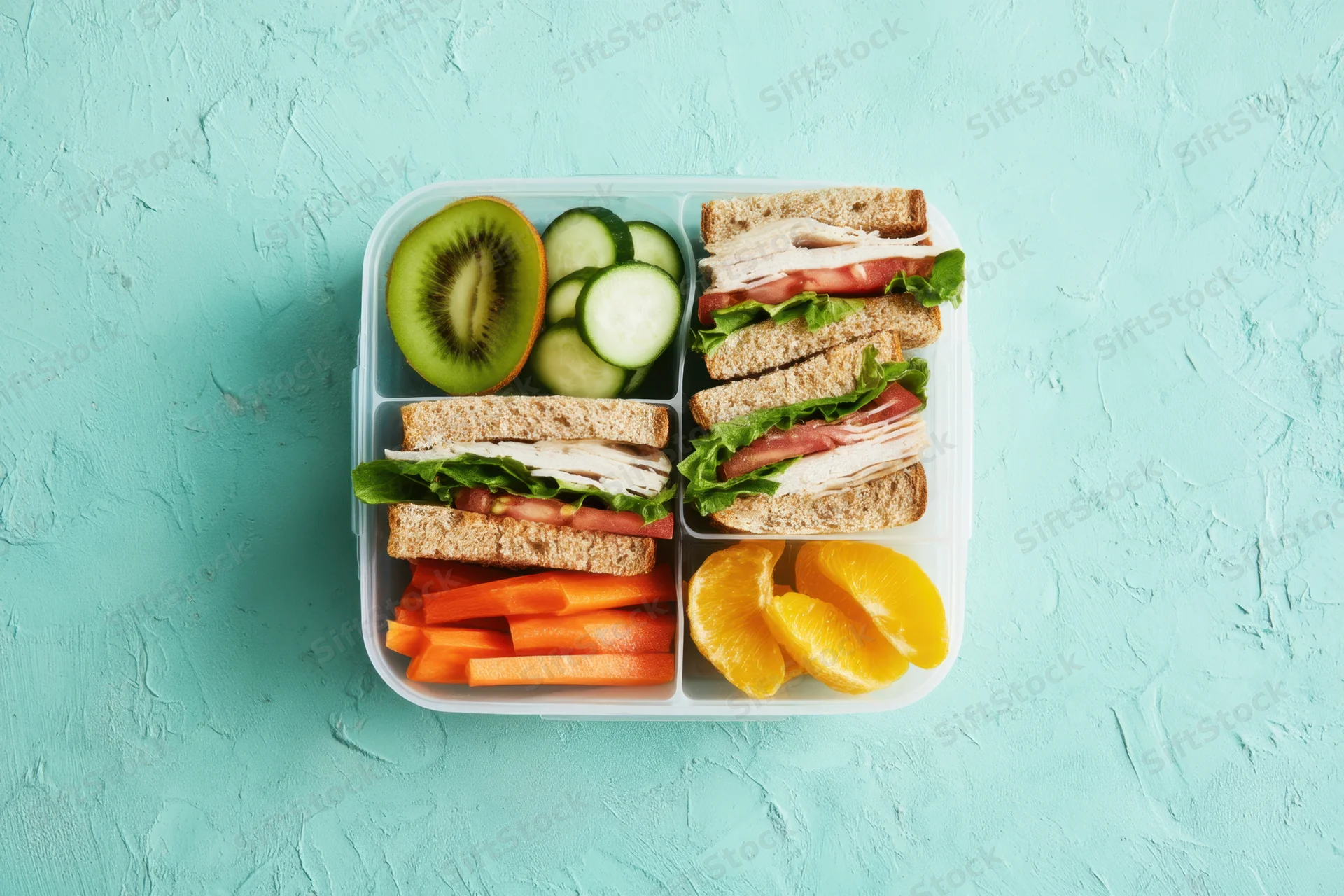 A compartmentalized lunchbox with sandwiches, fruits, and vegetables arranged on a teal surface