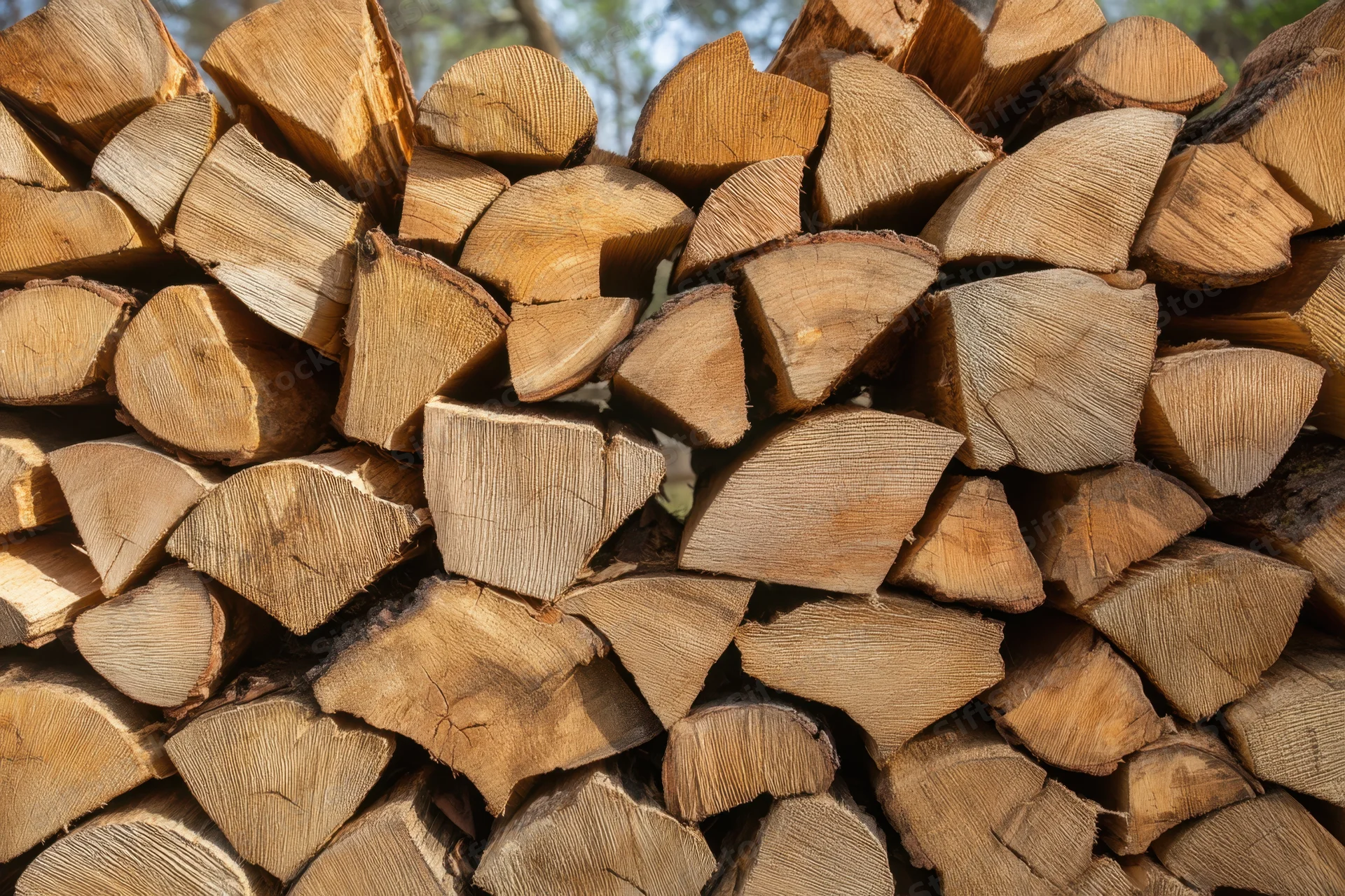 Neatly stacked pile of cut firewood logs outdoors in a rural yard