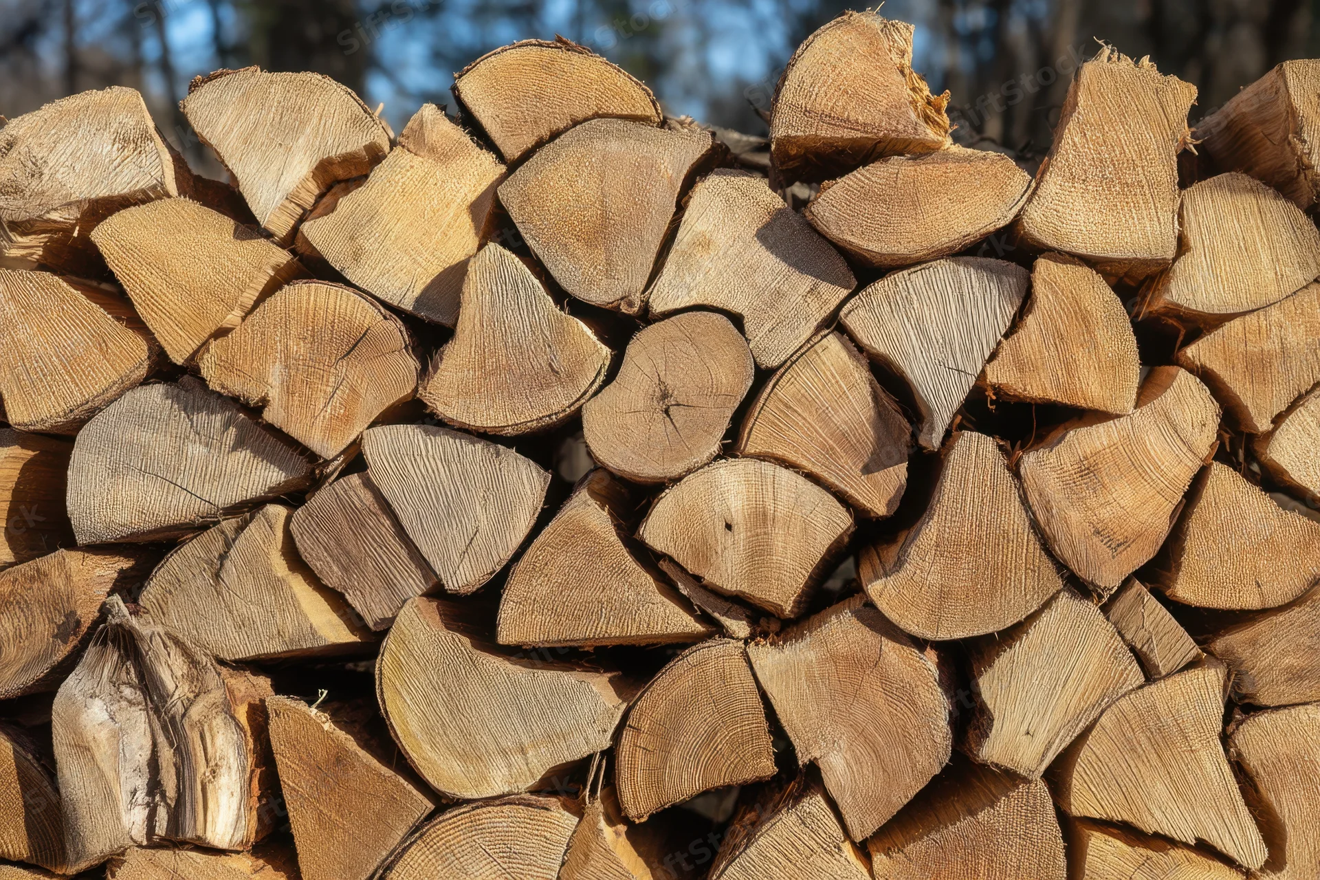 Neatly stacked pile of cut firewood logs outdoors in sunlight