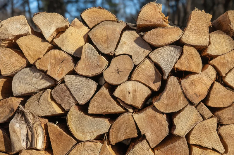 Neatly stacked pile of cut firewood logs outdoors in sunlight