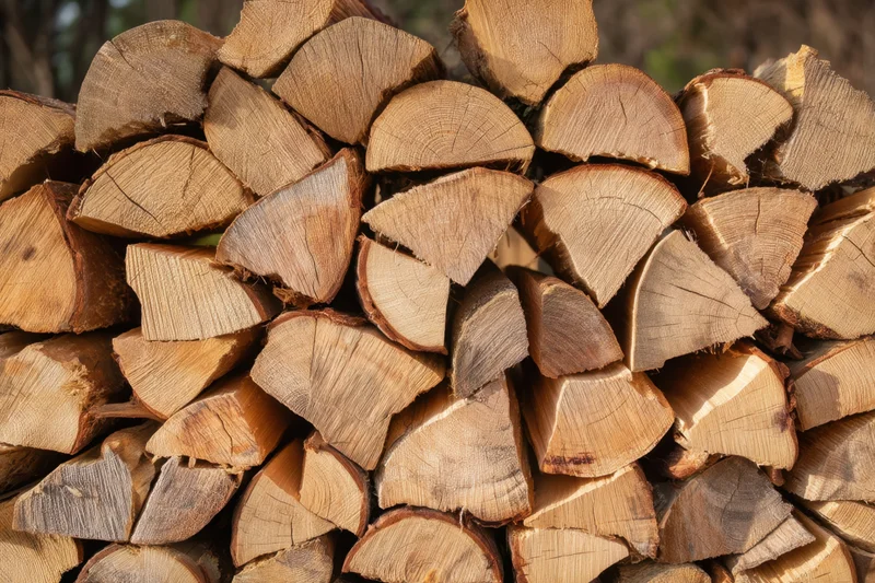 Neatly stacked pile of chopped firewood logs outdoors