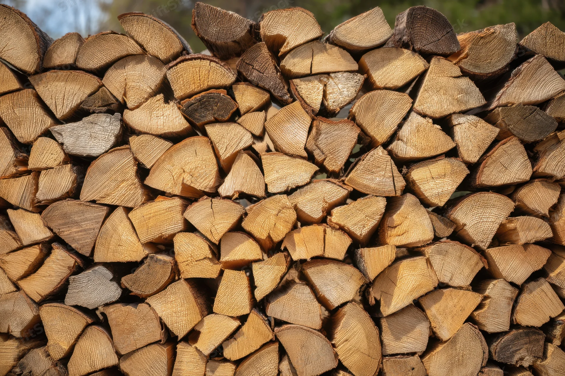 Neatly stacked pile of chopped firewood logs outdoors in a rural yard