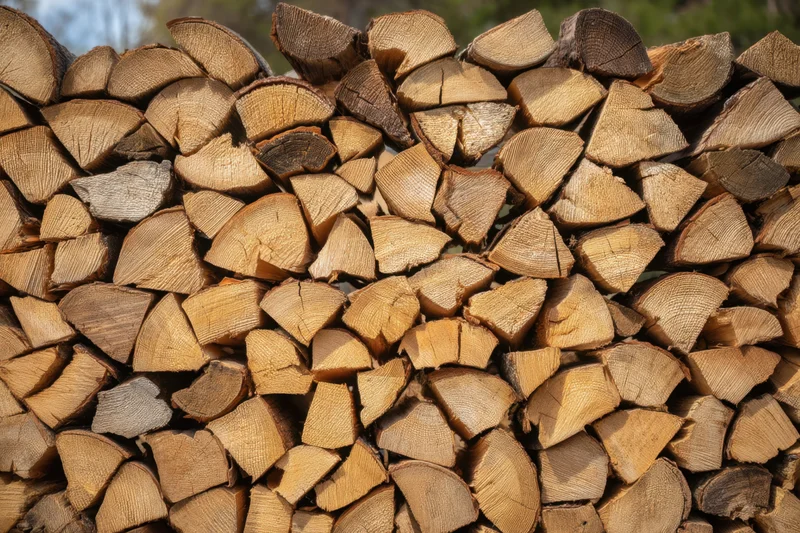 Neatly stacked pile of chopped firewood logs outdoors in a rural yard