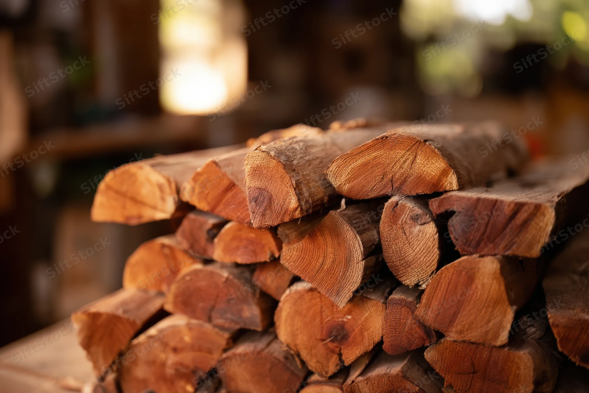 Neatly stacked hardwood logs arranged in a pile outdoors