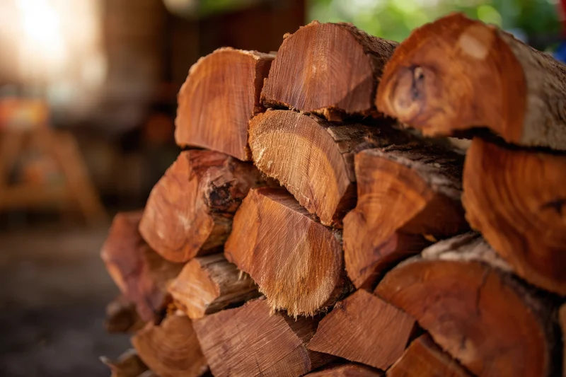 Neatly stacked hardwood logs arranged in a pile outdoors