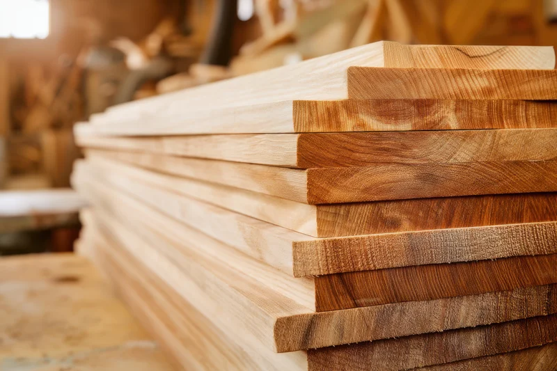 Neatly stacked wooden boards in a workshop setting