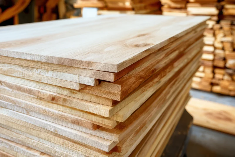 Stack of light-colored wooden boards arranged vertically in a workshop setting