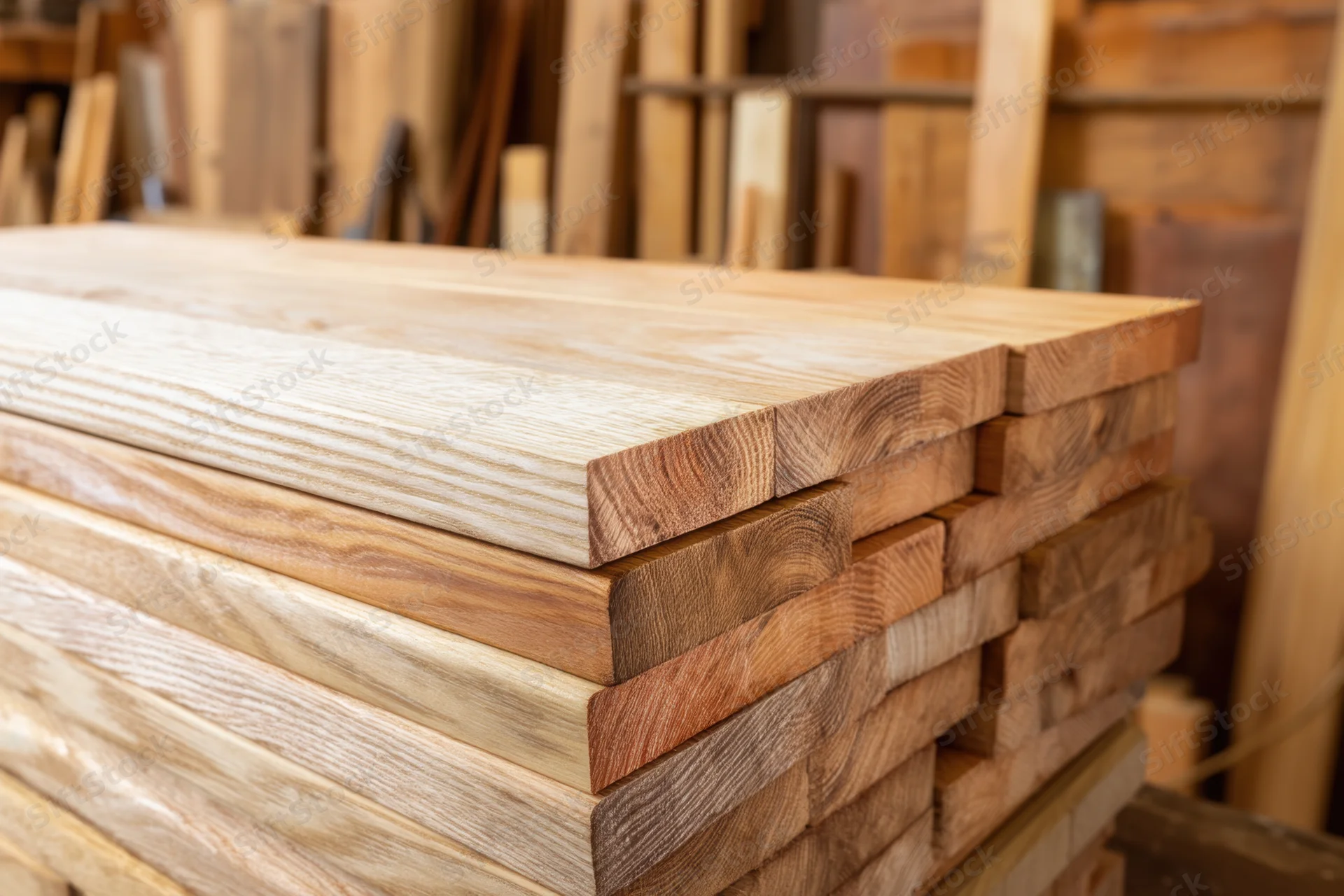 Neatly stacked light-colored wooden boards in a workshop setting